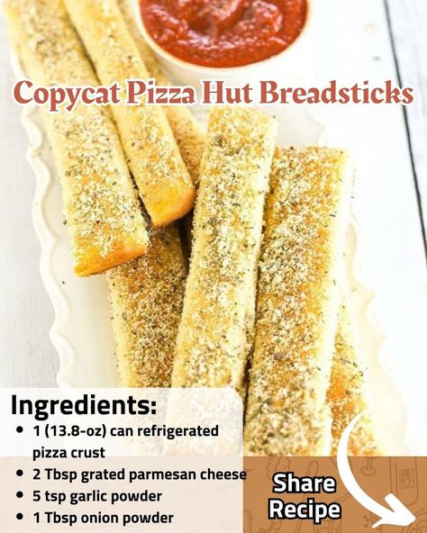 🍕 Copycat Pizza Hut Breadsticks Recreate the iconic taste of Pizza Hut's breadsticks right in your kitchen! These copycat breadsticks are incredibly easy to make and are a perfect match to the original. With a delicious blend of parmesan cheese, garlic, and herbs, these breadsticks are ideal for pairing with your favorite pizza or enjoying as a snack. ￼ Ingredients: 1 (13.8-oz) can refrigerated pizza crust 2 Tbsp grated parmesan cheese 5 tsp garlic powder 1 Tbsp onion powder 1 Tbsp oregano 1½ tsp basil ½ tsp salt 6 Tbsp butter, melted Directions: Preheat oven to 425ºF. Unroll pizza dough onto a cookie sheet. With a pizza cutter, cut dough lengthwise into 12 long strips, then cut those in half to make 24 strips. Do not separate strips. Bake for 10 minutes. Combine parmesan cheese, garlic Garlic Pizza Crust Recipe, Copycat Breadsticks, Copycat Pizza Hut, Pizza Hut Breadsticks, Pizza Oven Recipes, Garlic Pizza, Bread Sticks Recipe, Canned Biscuits, Biscuits Easy