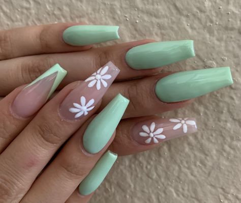 #mintgreenacrylics #daisies #simpleacrylics #daisydesign #floweracrylics #spring #summer Nail Ideas Spring 2023 Green, Nokti 2023, Mint Green Nails Coffin, Nail Ideas Mint Green, Nails Coffin Spring, Spring Nails Acrylic Coffin Green, Coffin Nail Ideas Green, Nail Ideas Daisy, Mint Green Coffin Acrylic Nails