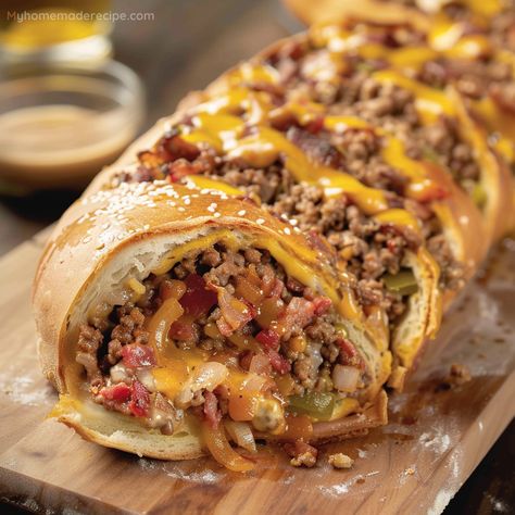 Garbage Bread is a hearty bread roll filled with ground beef, cheese, pickles, and more, wrapped in a golden crust. Serve with Thousand Island dressing. Garbage Bread, Apple Fritter Bread, Grandma Cooking, Bread Ingredients, Recipes Appetizers And Snacks, Bread Recipes Sweet, Entree Recipes, Bread Dough, 1 Pound