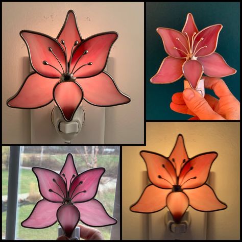 Lotus Flower Stained Glass Nightlight with Free Gift Box. Hand Crafted Gift Pink Stained Glass Created in Suncook, NH using traditional, authentic stained glass method. The Process: Design and trace the template, score each sheet of glass, then snap into rough shapes, grind to smooth the edges, wrap in stretched lead came and solder at all points and the pieces are layered, soldered together to create the final design.  Washed, polished, attached to the UL approved plug and packaged in a gift bo Flower Stained Glass Art, Stained Glass Nightlight, Pink Stained Glass, Flower Stained Glass, Stained Glass Flower, Stained Glass Night Lights, Process Design, Future Apartment Decor, Stained Glass Flowers