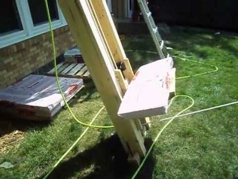 Designed and built this shingle/material/tool lift to use when helping my Dad roof his house to get around the worst part of roofing -- carrying shingles up the ladder. Designed in Autodesk Inventor using some old elevator roller guides and hatch door rollers as pulleys (both ball bearings). It is roped 2:1 so the person pulling has to walk doub... Garage Stairs, Roofing Tools, Diy Roofing, Fire Exit, Garage Lift, Building A Garage, Old Ladder, Diy Ladder, Autodesk Inventor