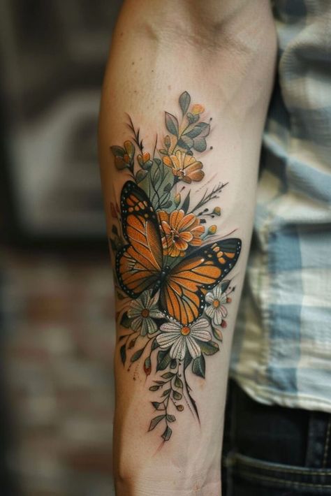 23 Butterfly Tattoo Designs That Will Transform Your Look (And Maybe Your Life) Roses Butterfly Tattoo, Floral Butterfly Tattoo, Butterfly And Flower Tattoo, Butterfly Flower Tattoo, Throat Tattoos, Butterfly Sleeve Tattoo, Botanical Tattoos, Rose And Butterfly Tattoo, Throat Tattoo