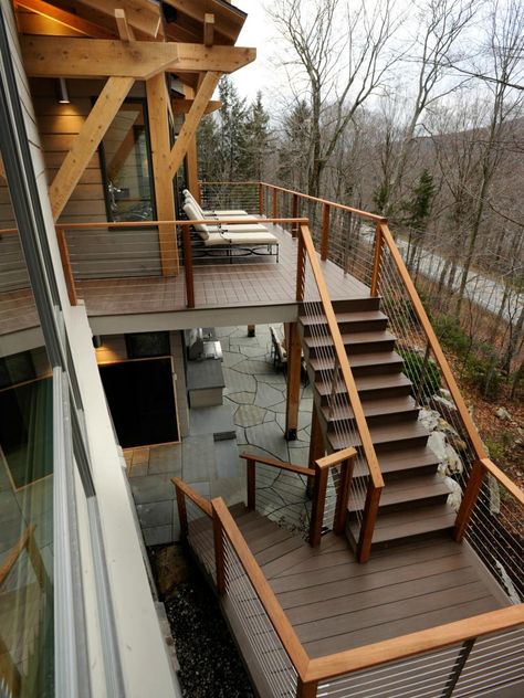 Rustic Deck, Home In The Woods, Second Story Deck, Patio Pictures, Glass Railings, Deck Fire Pit, Deck Pictures, Exterior Stairs, Hgtv Dream Home