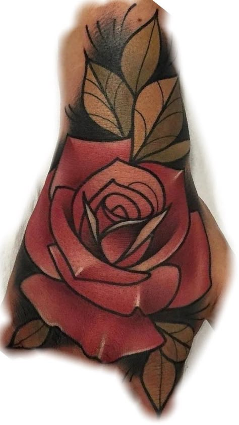 Neo Trad Rose, Neo Traditional Rose Tattoo, Hand Tattoos Pictures, Neo Traditional Roses, Fist Tattoo, Geometric Wolf Tattoo, Ink Tattoo Design, Realistic Flower Tattoo, Red Tattoo Ideas