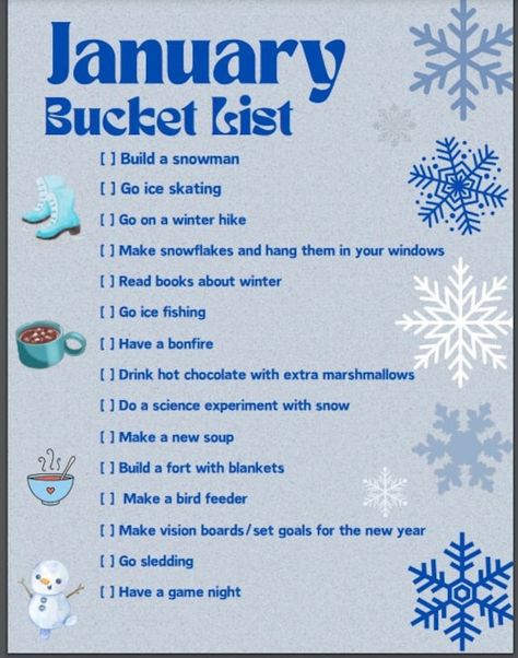 Start the new year by making memories with your family and friends with this bucket list! Monthly Bucket List, January Bucket List, New Year Bucket List, Bullet Journal Packing List, Monthly Ideas, Cute Christmas Ideas, Fun Cupcake Recipes, Travel Essentials List, Monthly Plan