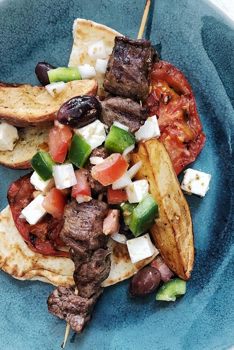 Learn how to make grilled lamb souvlaki and a Greek salad with this recipe from Giannis Kotsos of Meraki Greek Bistro in Miami—perfect for Easter. Lamb Souvlaki Recipe, Lamb Souvlaki, Lamb Marinade, Souvlaki Recipe, Pork Brisket, Lamb Kebabs, Kebabs On The Grill, Grilled Lamb, Lamb Recipes