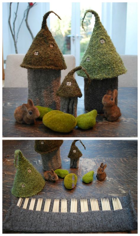 Felt Hobbit House, Felt Castle, Woodland Toys, Fairy Castles, Felted Knitting, Tiny Owl Knits, Diy Felt Animals, Fairy Woodland, Felted Crafts