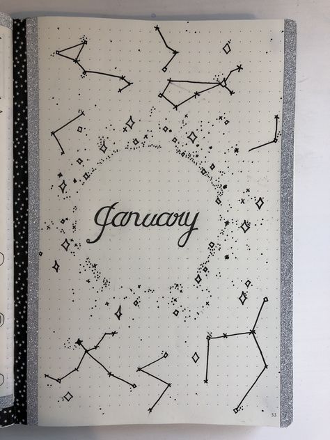 January Bullet Journal Monthly Star Theme #bulletjournal #bujo #stars #2019planner #january #monthlyspread #constellations #blackandwhite #bulletjournalideas #bulletjournaldoodles Bujo Constellation Theme, Star Journal Ideas, Stars Journal Ideas, Bujo Stars Theme, Star Bujo Theme, Bullet Journal January Theme, Bujo January Theme, Monthly Bujo, Bullet Journal Monthly