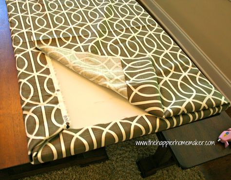 Fast DIY No Sew Bench Cushion without Plywood - The Happier Homemaker Bench Pads Seat Cushions, Refurbished Bench, No Sew Bench Cushion, Sew Bench Cushion, Diy Bench Cushion, Bench Cushion Cover, Making A Bench, Cushion Tutorial, Window Cushion