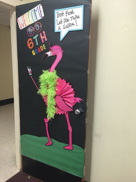 Flamingo Classroom Door Flamingo Classroom Door, Flamingo Classroom, Owl Room Decor, Pineapple Classroom, Tropical Classroom, Beach Theme Classroom, Kindergarten Classroom Decor, Flamingo Theme, School Doors