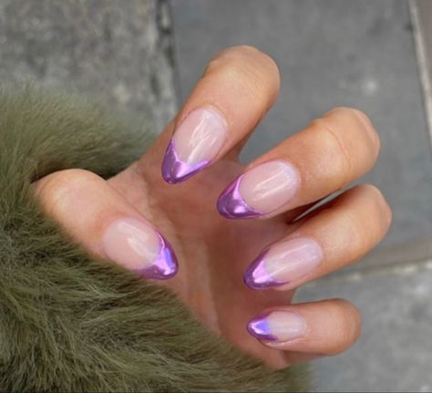 Purple Metallic French Tip Nails, Purple French Tips Chrome, Line French Tip Nails, Double Line French Tip Nails, Purple Metallic Nails, Metallic French Tip Nails, Line French Tip, Pink Chrome French Tip, Pink Chrome French Tip Nails