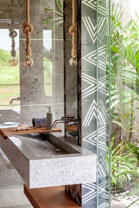 Batukaru Suites - Dancing with design - Bali Interiors Bali Bathroom, Bali Interior, Integrated Architecture, Terrazzo Sink, Bali Interiors, Bali Style Home, Wall Of Water, Bali House, Waterfall Wall