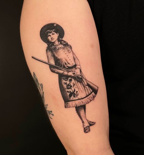 Fine needle tattoo of Annie Oakley Annie Oakley Tattoo, Fine Needle Tattoo, Oakley Tattoo, Annie Tattoo, Bonnie And Clyde Tattoo, Needle Tattoo, Annie Oakley, Bonnie N Clyde, Tattoo Inspo