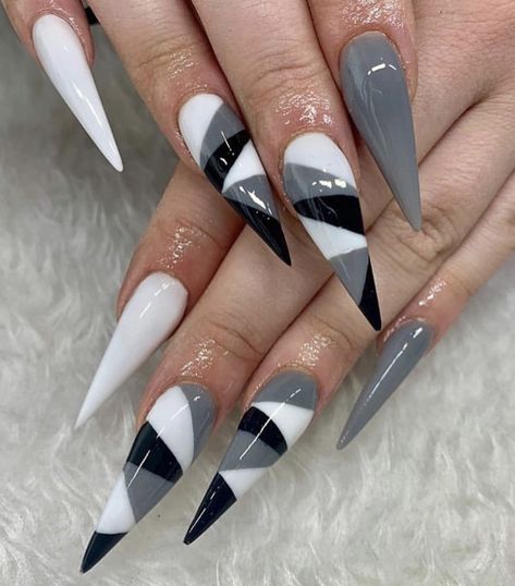 Black Silver White Nails, Grey And Black Nails Designs, Black Grey And White Nails, Gray Stiletto Nails, Grey Stiletto Nails, Black And Grey Nails, White Stiletto Nails, Grey Matte Nails, Grey Nail Art