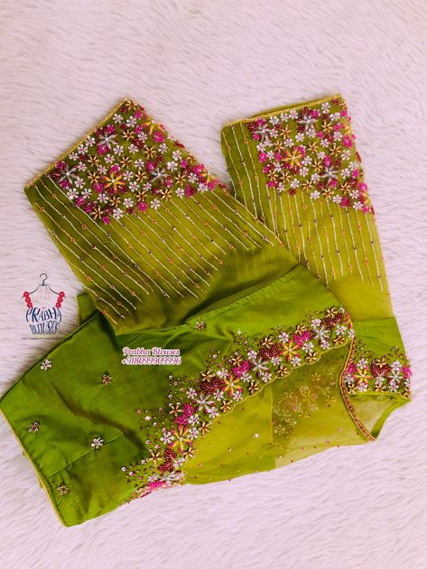 Green Maggam Work Blouse, Arya Work, Baby Lehenga, Plain Blouse Designs, Prabha Blouses, Magam Work, Blue Blouse Designs, Netted Blouse Designs, Mirror Work Blouse Design