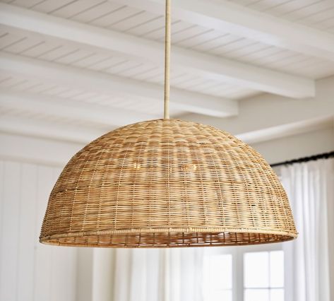 Marion Woven Dome Pendant | Pottery Barn (US) Dining Room To Playroom, Coastal Pendant Lighting, White Oak Dining Table, Slanted Ceiling, Construction Crafts, Clay Vase, White Table Lamp, Pottery Barn Teen, Dimmer Switch