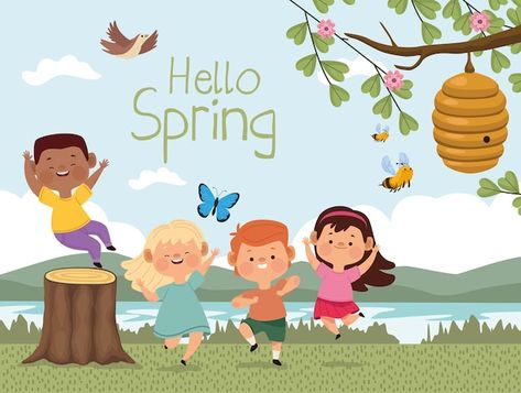 Kids nature Vectors & Illustrations for Free Download | Freepik Spring Is Here Pictures, Spring Pictures For Kids School, Spring Cartoon Images, Spring Pictures For Kids, Rainy Season Essay, Powerpoint Background Free, June Activities, Spring Cartoon, 1st Birthday Wishes