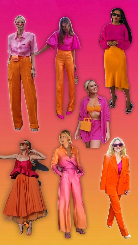 Pink and orange outfit inspiration #outfitinspiration Sunset Colour Outfits, Hot Pink And Orange Outfit Summer, Pink And Orange Color Block Outfit, Pink Orange Photoshoot, Pink And Orange Summer Outfit, Pink And Orange Photoshoot, Pink And Orange Fashion, Orange And Fuschia Outfit, Pink And Orange Outfit Black Women