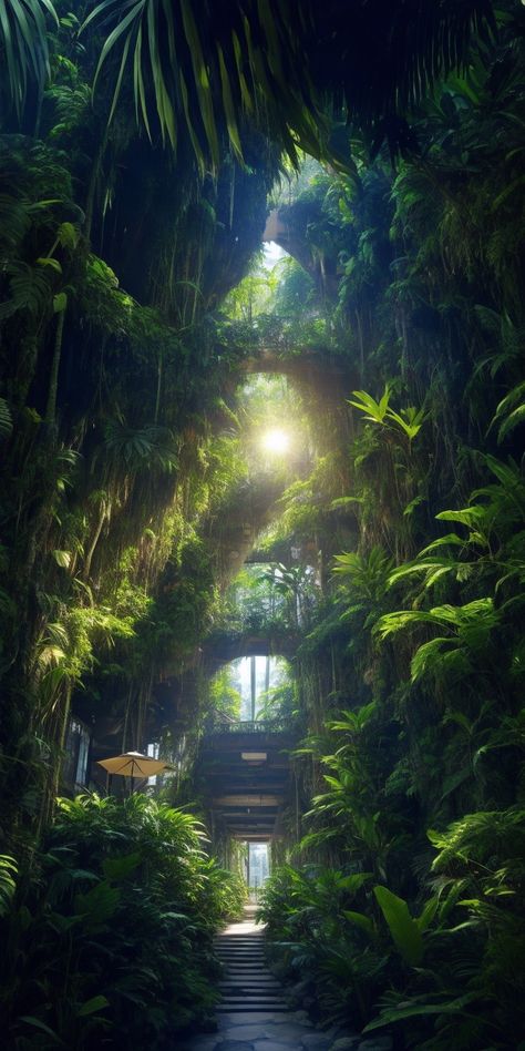 Jungle Witch Aesthetic, Futuristic Jungle, Rainforest City, Rainforest Aesthetic, Utopian City, Jungle Aesthetic, Photography Studio Design, Eco Architecture, Natural Pond