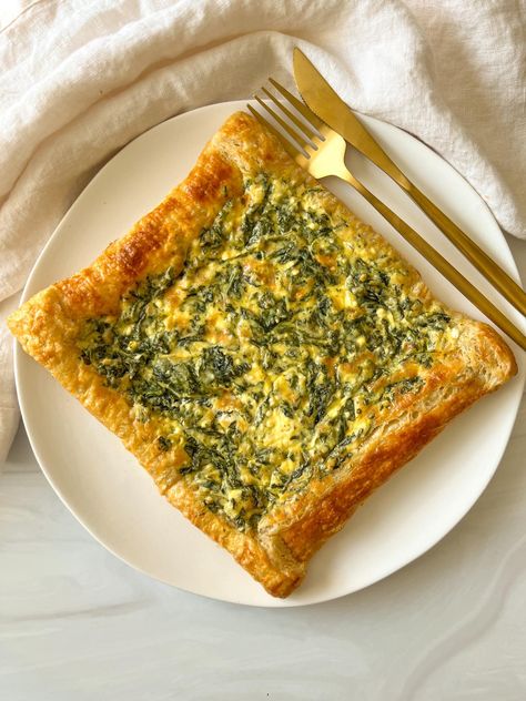 Puff Pastry Spanakopita Recipe, Upside Down Spanakopita, Spanakopita With Puff Pastry, Modern Nona Recipes, Spanakopita Puff Pastry, Spanikota Puff Pastry, Spanicopita Recipe Easy, Spinach Pie Puff Pastry, Spanicopita Recipe