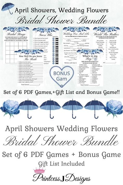 April Showers Bring Wedding Flowers is the theme for our gorgeous new Bridal Shower Games Bundle available now in the Etsy shop! These adorable prints are sure to stand out  stand out in this unique Bridal Shower theme! April Shower Bridal Shower Theme, April Showers Bridal Shower Theme, Unique Bridal Shower Themes, Guess The Dress, Printable Party Games, Would She Rather, Bridal Bingo, Always A Bridesmaid, Summer Bridal Showers