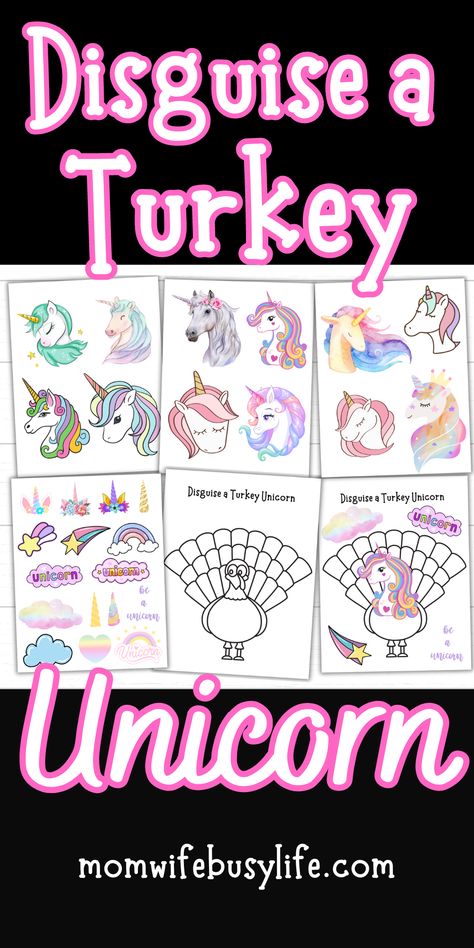 Create a magical unicorn for your turkey in disguise project in November this year! This is an adorable way to hide your turkey from becoming Thanksgiving dinner. Click through to get your Unicorn Turkey Disguise printable set now! Disguise A Turkey Unicorn Project, Unicorn Turkey Disguise Project Ideas Printable, Disguise A Turkey Ideas Kids Unicorn, Disguise A Turkey Project Unicorn, Turkey In Disguise Unicorn, Unicorn Turkey Disguise Project Ideas, Turkey Disguise Project Unicorn, Disguise A Turkey Unicorn, How To Disguise A Turkey