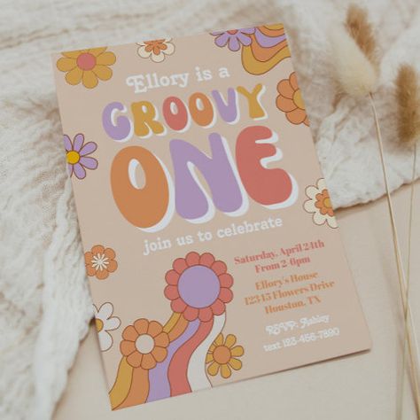 Groovy One Birthday Invitation 70S Invitation #zazzle #weddinginvitations #birthdayinvitations #babyshowerinvitations #zazzleinvitations #monogram #businesscards #graduation #homedecor Groovy One Invitations, Groovy Invitations, Groovy One Party, Groovy Birthday Invitation, Groovy One Birthday, 70's Party, Retro Invitation, Groovy One, Groovy Birthday