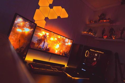 Orange Gaming Setup, Set Up Gamer, Orange Games, Best Gaming Setup, Gamer Setup, Pc Build, Pc Gaming Setup, Gadgets Technology Awesome, Gaming Room Setup