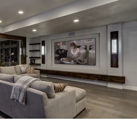 Basement Tv Wall, Basement Tv Wall Ideas, Small Basement Bar, Basement Tv Rooms, Creek Ideas, Adu Ideas, Tv Fireplace, Basement Home Theater, Home Theater Room Design