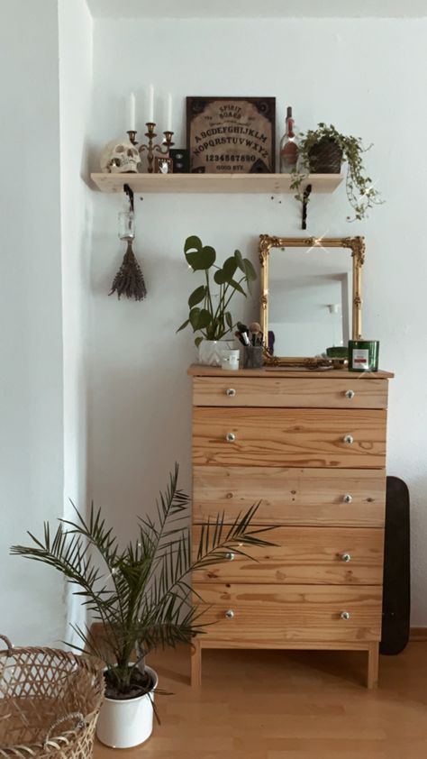 Tarva Bedroom Ideas, Dresser With Shelf Above, Boho Witch Aesthetic Home, Minimal Witch Aesthetic, Boho Bedroom Dresser Decor, Shelf Over Dresser, Shelf Above Dresser, Bedroom Dresser Decor With Tv, Dresser Decor Aesthetic