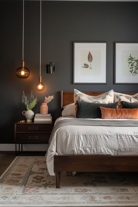 18 Moody & Enchanting Cottage Bedroom Ideas - Quiet Minimal Dark Green Comforter Bedroom Ideas, Retro Modern Bedroom, Bedroom Ideas Cottagecore, Townhome Decor, Cottagecore Bedroom Decor, Cottage Bedroom Ideas, Dark Bedroom Walls, Bedroom Inspirations Cozy, Cottagecore Bedroom Ideas