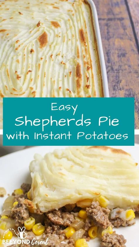 This easy shepherd's pie is made with homemade gravy and instant mashed potatoes. With just a few steps it can be in the oven and ready to go in no time. Ground beef, corn, and potatoes coming together for one hearty and comforting frugal meal that the whole family can enjoy. Shepherds Pie Recipe Mushroom Soup, Easy Shepards Pie Ground Beef Instant Potatoes, Shepards Pie Instant Potatoes, Shepherds Pie With Corn, Shepards Pie With Instant Potatoes, Shepherds Pie With Instant Potatoes, Recipes With Instant Mashed Potatoes, Beef Shepherds Pie Recipe, Ground Beef Mashed Potatoes