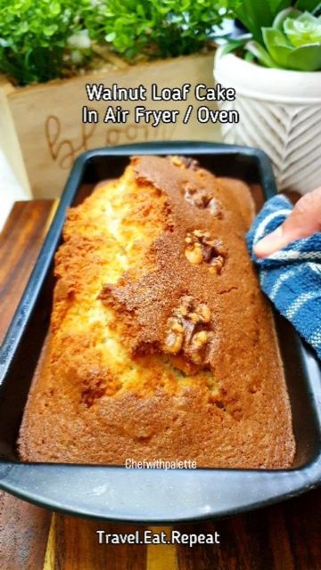 Khadija Siddiqui on Instagram: "Walnut Loaf Cake In Air Fryer / Oven.It is super moist and soft cake. I made it in the air fryer but you can make in oven too. You will be making tea or coffee again n again to go with the slice of this cake until it's finished 😁 Ingredients and steps: 2 Eggs 3/4 cup sugar 1/4 cup oil 40g (2-1/2 tbsp)butter Mix everything Add 1 tsp vanilla extract 1/2 cup milk Mix again Add 1 cup plain all purpose flour Pinch of salt 1 tsp baking powder Mix everything Add 1/2 cup chopped walnuts 2 tbsp dessicated coconut Mix again Take 2 lb cake loaf tin. Grease and line it with baking paper. Pour the cake mix in it. Add some walnuts on top for aesthetics 😆. Air fry or bake at 150ºC for 35-40 minutes. It can take longer or a bit shorter depending on the size of your Cake In Air Fryer, Walnut Loaf Cake, Dessicated Coconut, Walnut Loaf, Tea Loaf, Soft Cake, Making Tea, Vanilla Sponge Cake, Air Fryer Oven