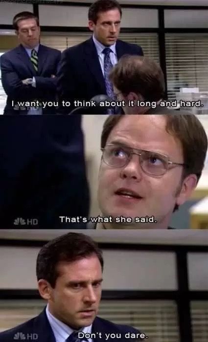 "That's what she said" "Don't you dare!" Thats What She Said, The Office Memes, Office Jokes, Bears Beets Battlestar Galactica, The Office Show, Worlds Best Boss, Office Memes, Office Quotes, Best Boss