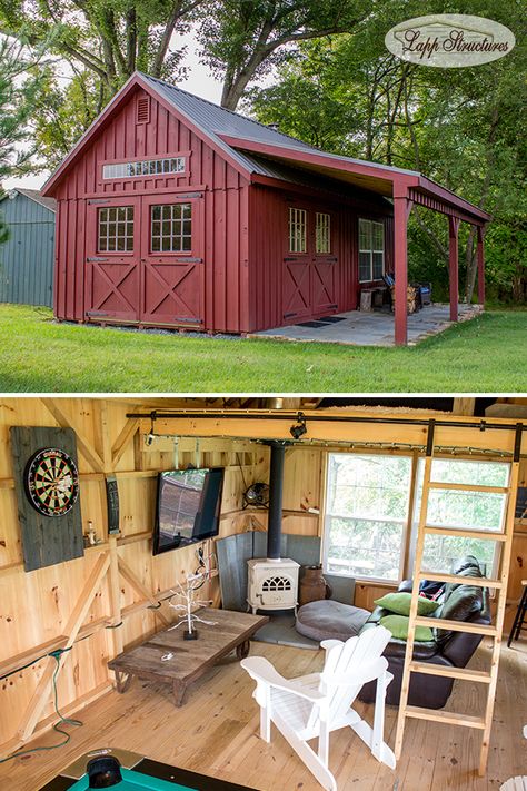 Man Sheds Ideas, Outdoor Man Cave Sheds, Shed And Patio Combo, Cottage Shed With Porch, Man Cave Home Bar Shed, Man Shed Ideas Workshop, Man Cave Cabin, Shed To Man Cave Ideas, Sheds With Porches Ideas