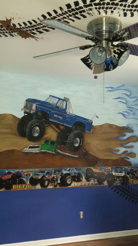 Monster Truck Bedroom Ideas, Monster Jam Room Ideas, Monster Jam Bedroom Ideas, Fun Furniture Design, Monster Jam Room, Monster Truck Bedroom Ideas Boy Rooms, Monster Truck Themed Bedroom, Monster Truck Nursery, Monster Jam Bedroom