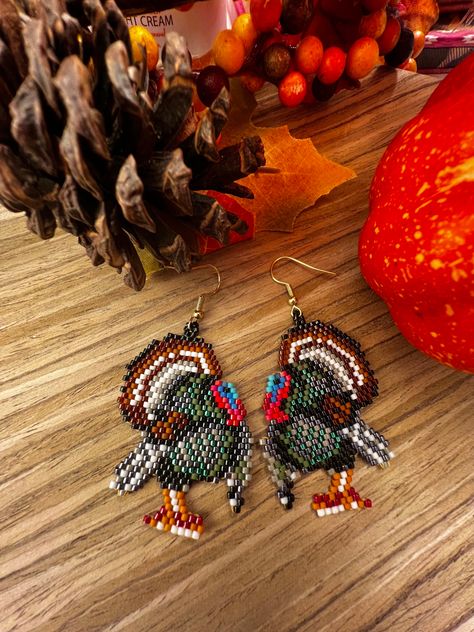 Beaded Turkey Earrings, Turkey Beads, Turkey Earrings, Thanksgiving Jewelry, Step Design, Holiday Beading, Gobble Gobble, Holiday Earrings, Handmade Earrings Beaded