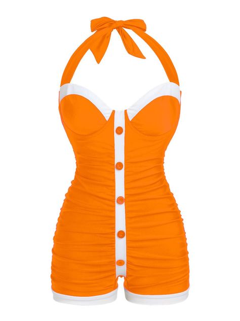 Kooky Fashion, Baño Aesthetic, 1950s Poodle Skirt, Aesthetic Azul, Orange Outfits, Retro Stage, Retro Swim, Vintage Bathing Suits, Halter Swimsuit