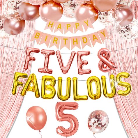 PRICES MAY VARY. Our Five and fabulous birthday decoration set has it all to make this a big awesome day! You will get: Package includes 1 x happy birthday banner, 30Inch Gold Foil Balloons Number 5, 16inch Five & Fabulous balloons, 10 latex balloons, 1 x rose gold tassel. This set of Five and fabulous banner sign can be use girls birthday Party! High-quality, strong and reusable. Beautiful, reusable, saving money. If you have any problem, please let me know, your Satisfaction is our pleasure! R 5 And Fabulous Birthday Party, 5th Birthday Themes Girl, Fifth Birthday Party Ideas Girl, Girl 5th Birthday Party Themes, Five Year Old Birthday Party, Five And Fabulous Birthday, Girls 5th Birthday Party Ideas, Her Royal Fiveness Birthday, 5 Year Birthday Party Ideas