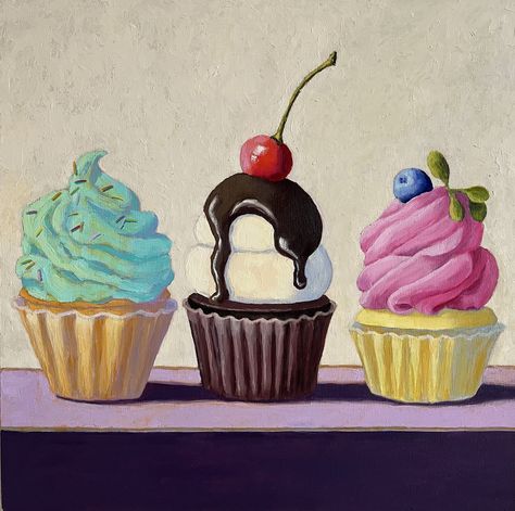 IMG_9822 by Pat Doherty Cupcake Painting, Desserts Drawing, Diy Canvas Art Easy, Food Art Painting, Ice Cream Art, Swirl Cake, Wayne Thiebaud, Pastel Candy, Cupcake Art