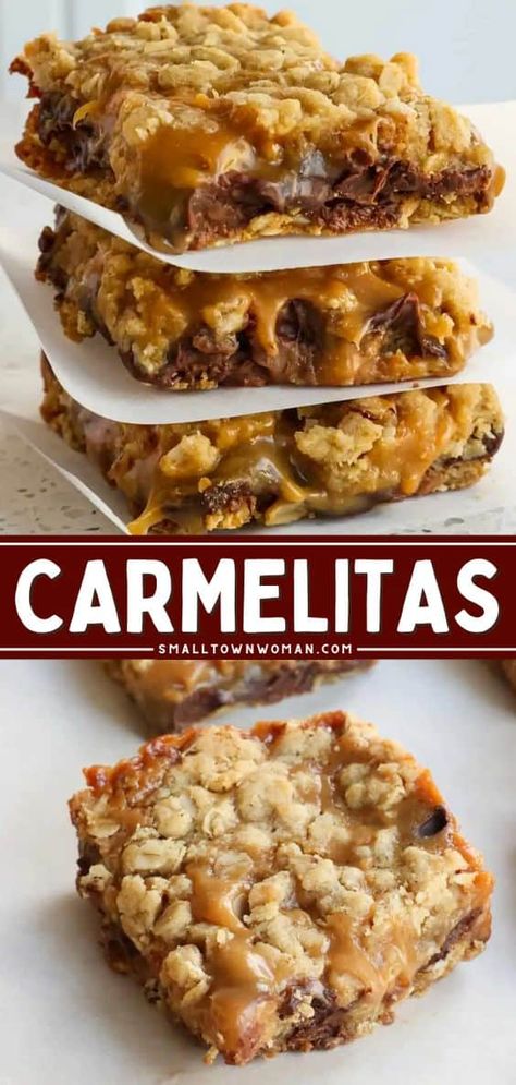 The best ever Carmelita Bars! They're an easy dessert to make at home. With gooey caramel and chocolate sandwiched between buttery oatmeal crumbs, this carmelitas recipe will always satisfy your sweet food craving! Carmelita Bars, Carmelitas Recipe, Chocolate And Caramel, Gooey Caramel, Caramel Bars, Homemade Dessert, Dessert Bar Recipe, Chocolate Sandwich, Oreo Dessert