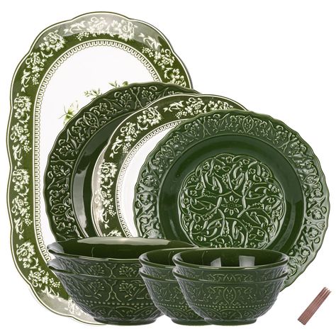 PRICES MAY VARY. 【Exquisite design】Our ceramic serving plates are crafted in the French style and feature an attractive three-dimensional relief design. Each set comes in an exquisite gift box, perfect for afternoon tea or a special occasion, adding a touch of vintage sophistication to your table. 【14 Pieces Dinner Set for 4】This dinnerware set includes 4.8'' Dinner Bowl * 4 pcs ＆ 6.5'' Dinner Bowl * 2 pcs，8'' Dark color Dinner Plate * 1pc ＆ 9'' Light color Dinner Bowl * 1pc，11'' Dinner Plate * Certified International Dinnerware, Cottagecore Plate Set, Spode Woodland Tablescape Place Settings, Dishes Sets Vintage, Green Dishes Set, Thrifted Table Settings, Green Plates Table Setting, Mixed Dinnerware, Staub Dinnerware