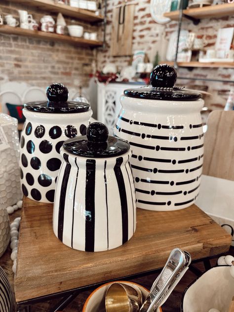 Black And White Coffee Bar, Small Town Home, Town Home Decor, White Coffee Bar, Tea Bars, White Canister Set, Neutral Cottage, Quirky Kitchen Decor, Copper Canisters