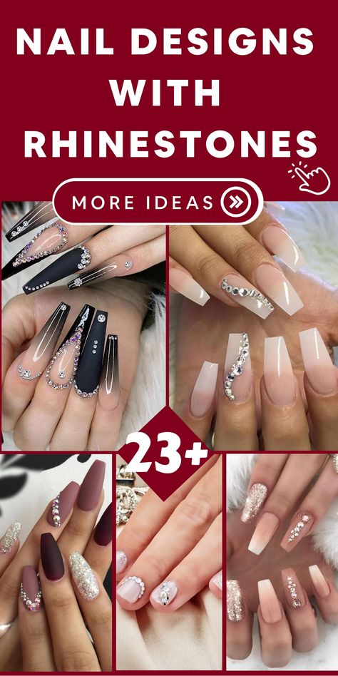 Elevate your nail art with luxurious rhinestone designs that exude opulence and sophistication. These stunning embellishments are perfect for adding a touch of sparkle and shine to your manicure. Whether you're preparing for a special event or simply want to enhance your everyday look, rhinestones can effortlessly turn your nails into beautiful works of art. Rhinestones On Nails Ideas, French Tip Nail Designs With Rhinestones, Nails With Embellishments, Glam Nails Rhinestones Black, Nail Art With Stones Rhinestones, Simple Rhinestone Nail Ideas, Jewels On Nails Ideas, Nail Art Designs With Gems, Elegant Nails With Rhinestones