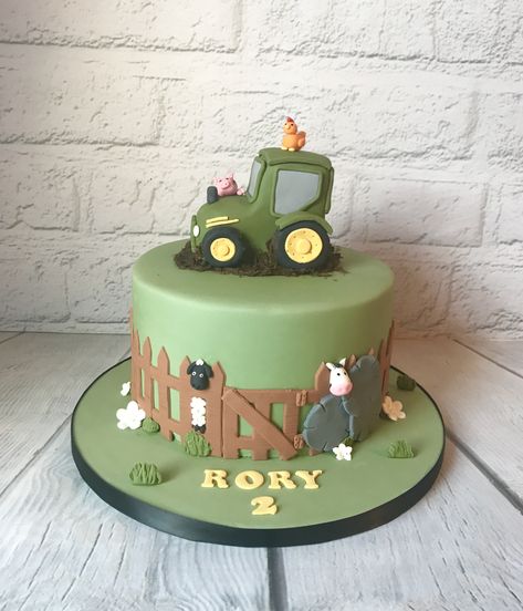 Farm and Tractor cake Homemade Farm Birthday Cake, Birthday Cake With Tractor, Farm Cake 2nd Birthday, Tractor Cake 2nd Birthday, Tractor Farm Cake, Tractor Shaped Cake, Tractor First Birthday Cake, Green Tractor Cake, Tractor Themed Cake