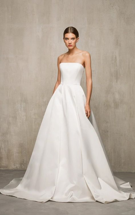 Simple Ball Gown, Satin A Line Wedding Dress, Strapless Satin Wedding Dress, Satin Wedding Dress Simple, Simple Wedding Dress Strapless, Wedding Gown Backless, Strapless Wedding Gown, White Ball Gowns, Satin Wedding Gown