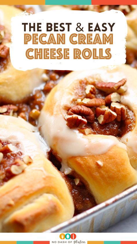 Delight in Pecan Cream Cheese Rolls, where flaky crescent dough meets creamy cheese and crunchy pecans, finished with a cream soda glaze. Perfect for family breakfasts or a cozy snack. Click for the full, easy-to-follow recipe and make your mornings deliciously unforgettable! Pecan Cream Cheese Crescent Rolls, Pecan Cream Cheese Rolls 12 Tomatoes, Pecan Cream Cheese Rolls, Cream Cheese Rolls Recipe, Cream Cheese Roll Ups, Yellow Hallway, Gluten Recipes, Canned Biscuit, Gluten Free Holiday Recipes