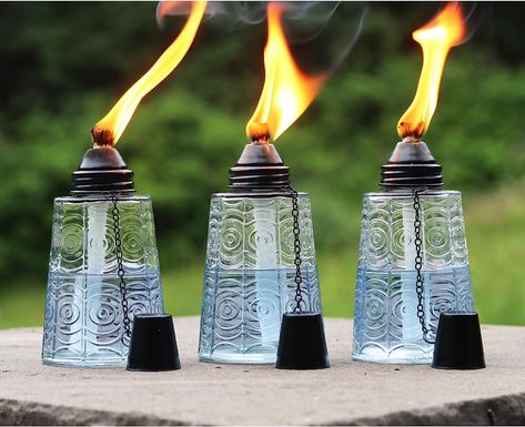 Seraphic Torches for Outside - Citronella Oil Lamp Burner 16oz Glass Table Top Torch Candles for Patio, Garden, Deck, and Outdoor Parties, Set of 3, Clear Torches Tiki, Citronella Torches, Solar Candles, Dreamy Backyard, Oil Lamp Candle, Garden Torch, Garden Deck, Citronella Oil, Tiki Torches