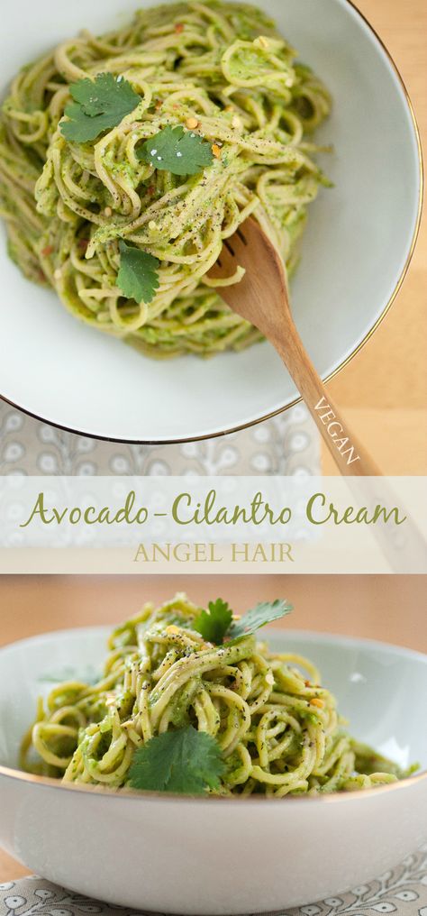 Produce On Parade - Avocado-Cilantro Cream Angel Hair Cilantro Noodles Recipe, Cilantro Pasta Sauce, Cilantro Noodles, Cilantro Pasta, Recipes Noodles, Recipe Noodles, Noodles Recipes, Spring Dishes, Cream Pasta