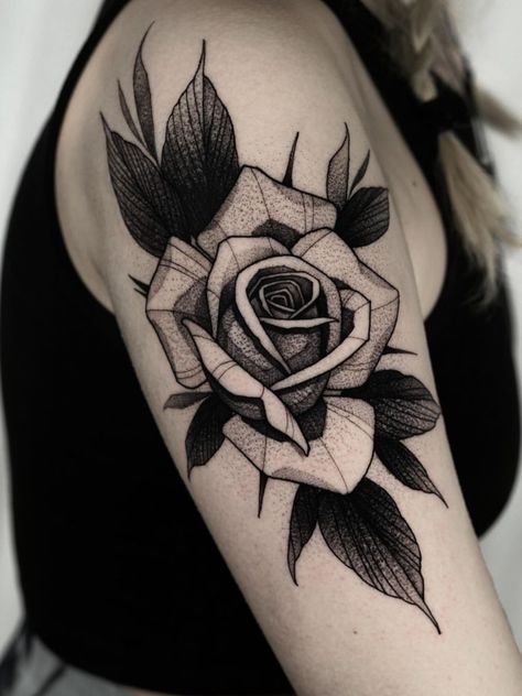 Black And Grey Roses Tattoo, Neotraditional Flower Tattoo Black, Stipple Tattoo Design, Rose Tattoo Dark, Rose Head Tattoo, Large Rose Tattoo, Dark Flowers Tattoo, Trad Rose Tattoo, Blackwork Rose Tattoo